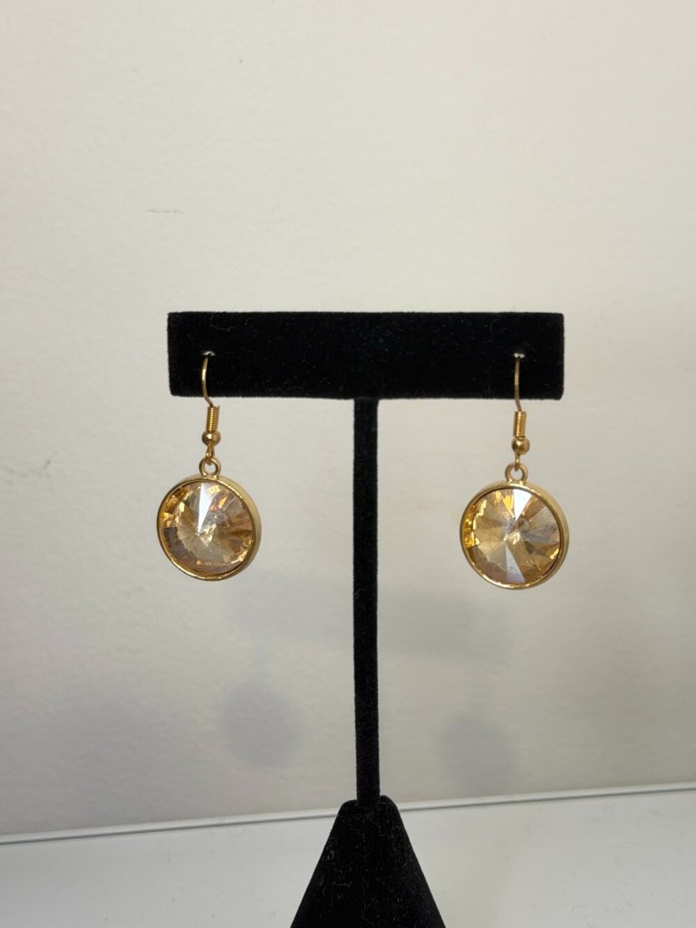 Earrings Champagne Rhinestone Gold Tone Round Cut Vintage Glam Jewelry